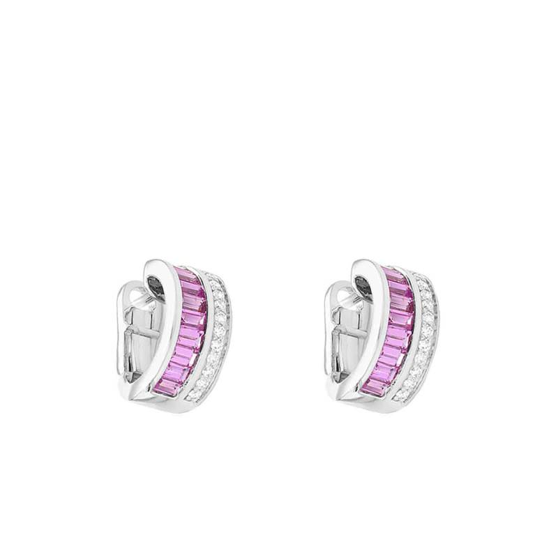 18K White Gold, 0.22 ct Diamond & 1.55 ct Pink Sapphire Hoop Earrings, Diameter 9.3 mm - Aurora