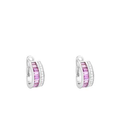 18K White Gold, 0.22 ct Diamond & 1.55 ct Pink Sapphire Hoop Earrings, Diameter 9.3 mm - Aurora
