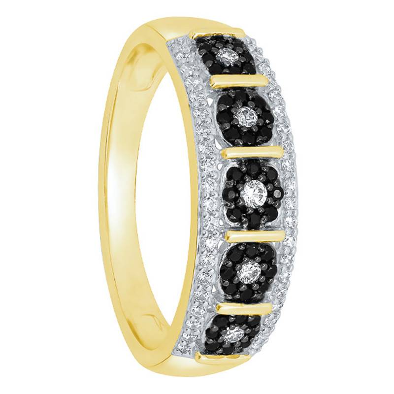 Black and White Diamond Flower Effect Ring in 375 or 750 Yellow Gold - Kundan