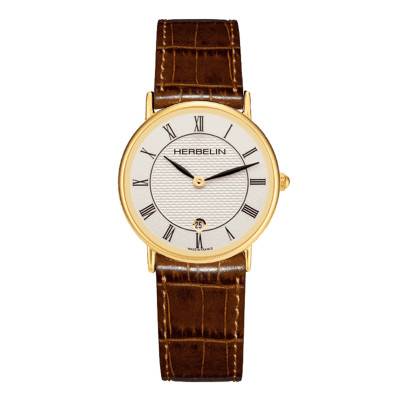 Gold-Plated & Brown Leather Classic Quartz Watch 16845P08MA - Herbelin