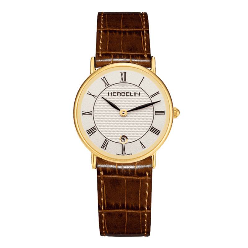 Gold-Plated & Brown Leather Classic Quartz Watch 16845P08MA - Herbelin