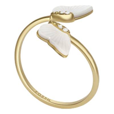 Bague Papillon Strié en Acier Doré, Cristaux & Nacre Blanche - Fossil