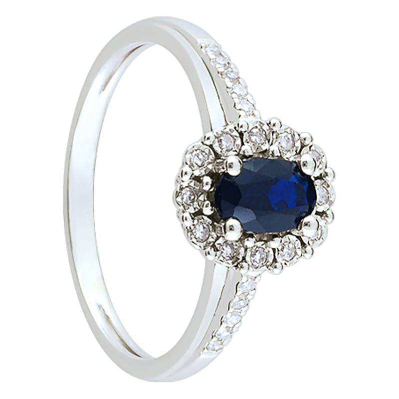 Joelli Oval Daisy Ring in 750/1000 White Gold with Sapphire 0.59 ct and Diamond Halo 0.11 ct - Joelli