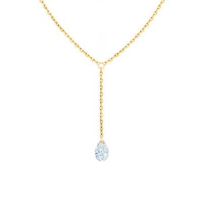 750 Yellow Gold Drop Necklace with Pear Drilled Diamond F/VS2, Length 40 cm to 45 cm - Ocarat