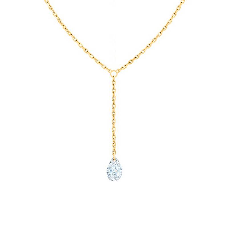 750 Yellow Gold Drop Necklace with Pear Drilled Diamond F/VS2, Length 40 cm to 45 cm - Ocarat