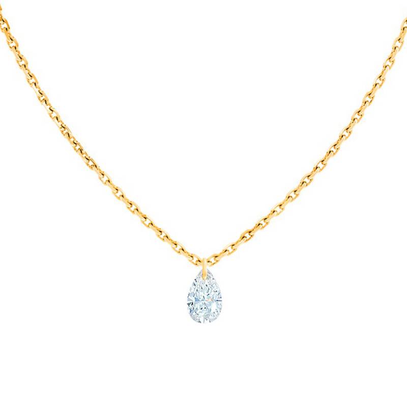 18K Yellow Gold 750 & Drilled Pear Diamond Necklace 0,20 ct F/VS2, Length 40 cm to 45 cm - Ocarat