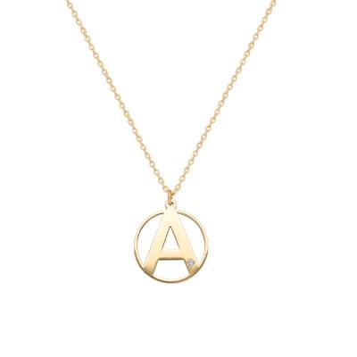 375/1000 Yellow Gold Initial Medallion Necklace & White Crystal, 42 cm Length - Ocarat