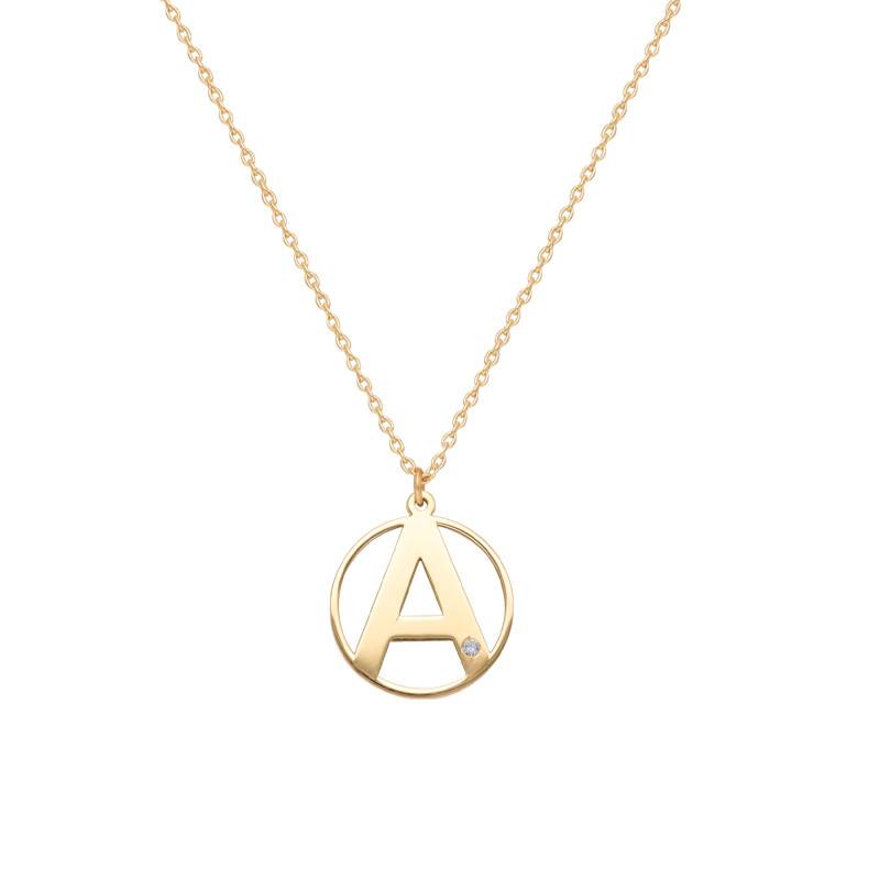 375/1000 Yellow Gold Initial Medallion Necklace & White Crystal, 42 cm Length - Ocarat