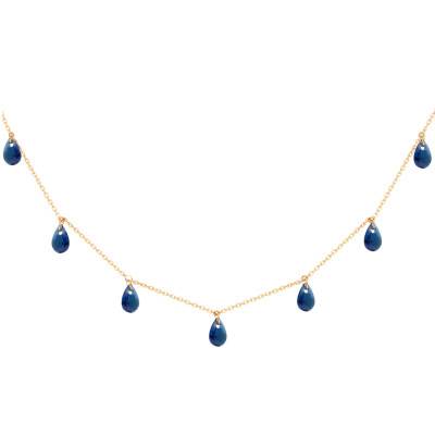 Sautoir Cristaux Poires Bleus en Or Jaune 375, Longueur de 78,5 à 84 cm - Ocarat