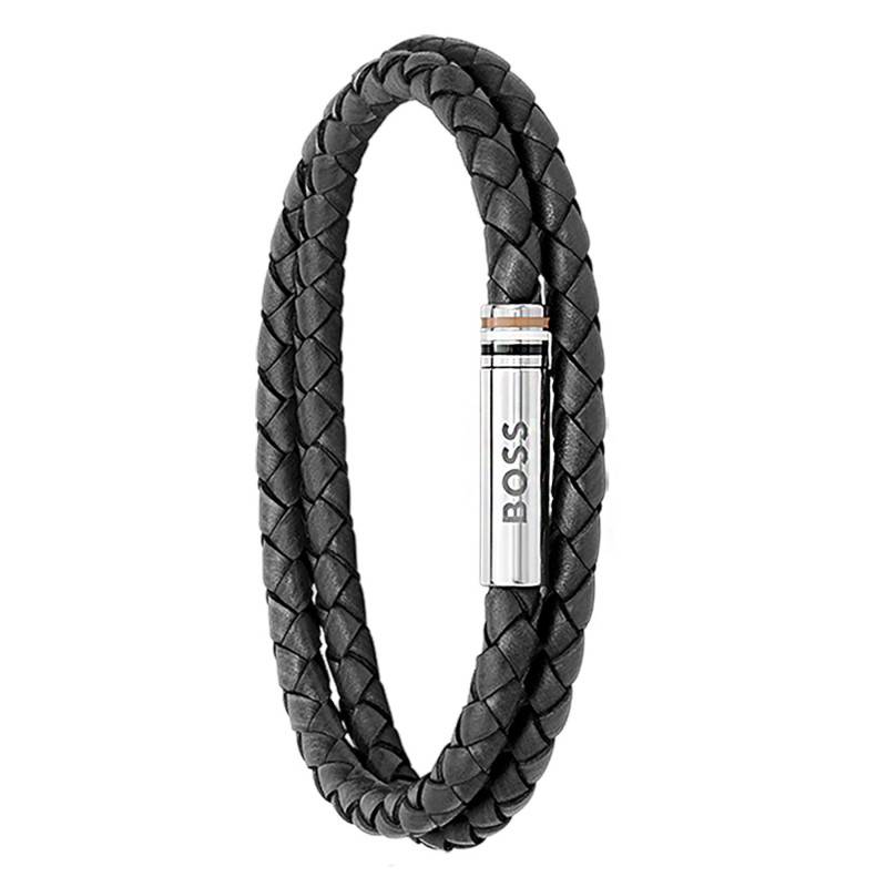 Ares Black Leather & Steel Bracelet, Length 17.5 or 19 cm - 1580489S - Boss