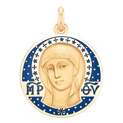 Médaille Vierge Byzantine en Email Bleu et Or Jaune 750, Diamètre 22 mm - Becker