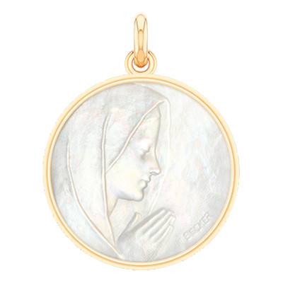 Médaille Vierge en Prière Nacre & Or Jaune 750, Diamètre 18 mm à 22 mm - Becker