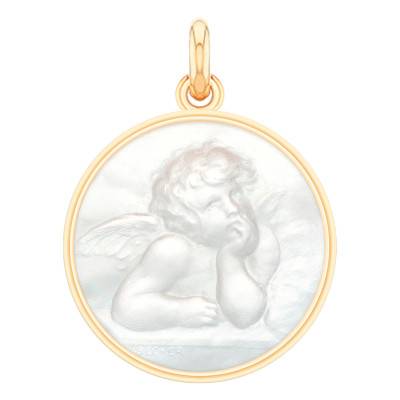 Médaille Ronde Ange Raphaël Nacre & Or Jaune 750, Diamètre 18 mm à 22 mm - Becker