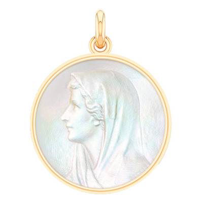 Médaille Vierge au Voile Ronde Nacre & Or Jaune 750, Diamètre 18 mm à 22 mm - Becker
