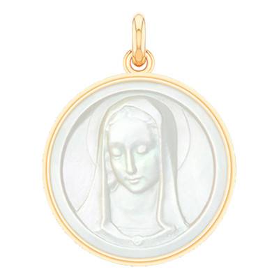 Médaille Vierge Santa Madona Ronde Nacre & Or Jaune 750, Diamètre 18 mm à 22 mm - Becker