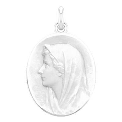 Médaille Vierge au Voile Ovale Or Blanc 750, Diamètre 18 mm à 22 mm - Becker