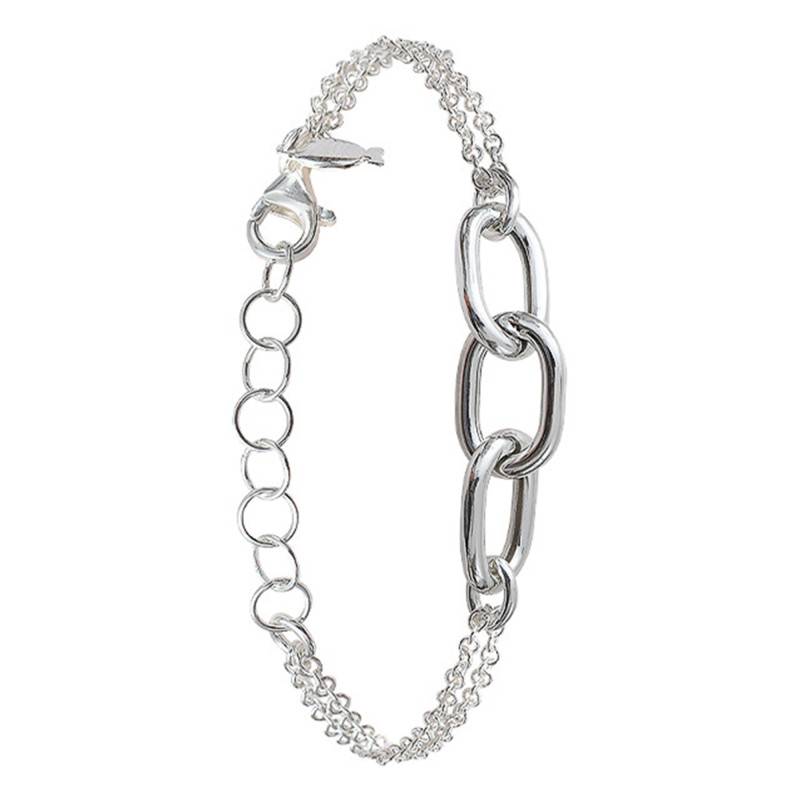 925 Silver Double Chain Oval Link Bracelet, 15 cm to 18 cm Length - Clio Blue
