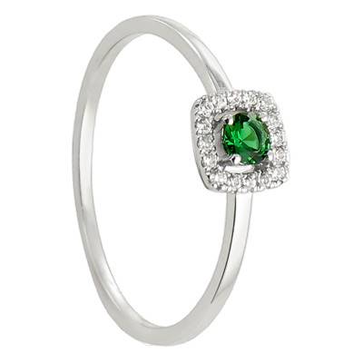 750 White Gold Emerald 0.14 ct and Diamond Halo 0.07 ct Solitaire Ring - Diamond Lady