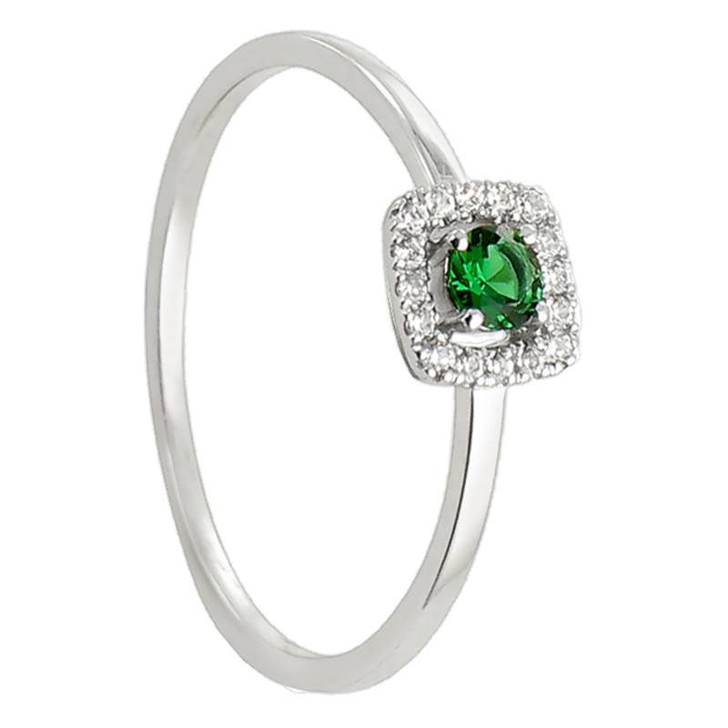 750 White Gold Emerald 0.14 ct and Diamond Halo 0.07 ct Solitaire Ring - Diamond Lady