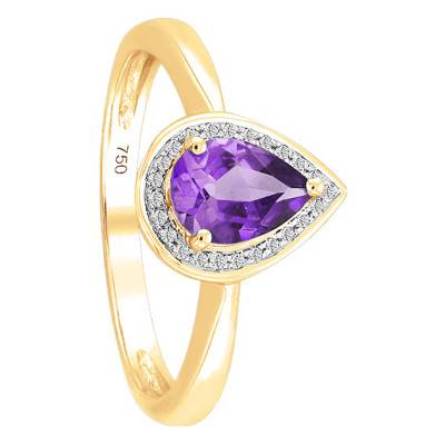 Bague, Or Jaune 750, Améthyste Poire & Diamants - Bloomingstone