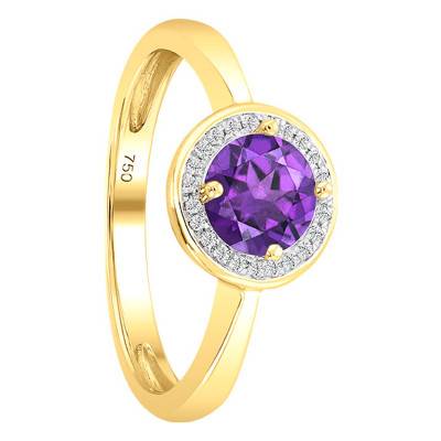 Bague, Or Jaune 750, Améthyste Ronde & Diamants - Bloomingstone