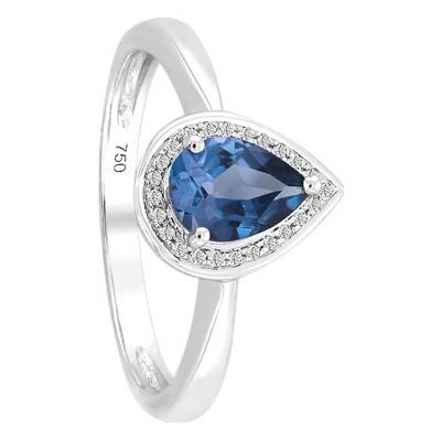 Bague, Or Blanc 750, London Blue Topaze Poire & Diamants - Bloomingstone