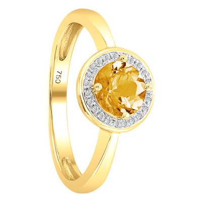 Bague, Or Jaune 750, Citrine Ronde & Diamants - Bloomingstone