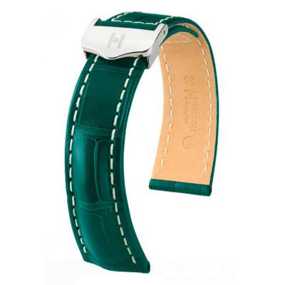 Matte Dark Green Silver Navigator Leather Watch Strap - 22mm Lug Width - 18mm Taper No Buckle - Hirsch