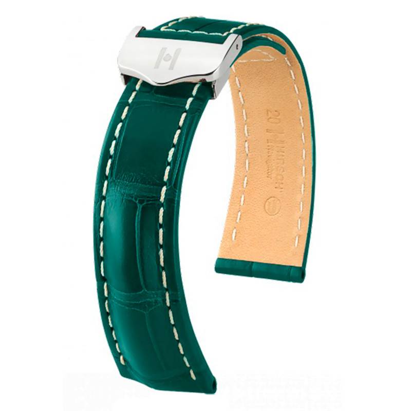 Matte Dark Green Silver Navigator Leather Watch Strap - 22mm Lug Width - 20mm Taper No Buckle - Hirsch