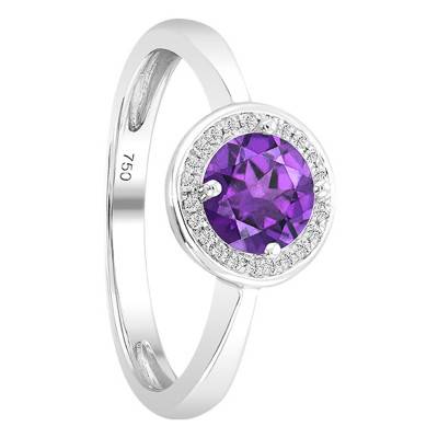 Bague, Or Blanc 750, Améthyste Ronde & Diamants - Bloomingstone