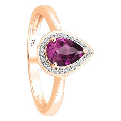 Bague, Or Rose 750, Rhodolite Poire & Diamants - Bloomingstone