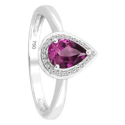 750 White Gold Drop Ring with Rhodolite & Diamond Halo - Bloomingstone