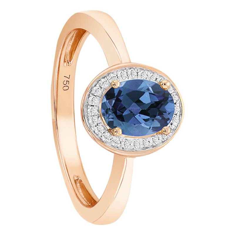 750/1000 Rose Gold Oval London Blue Topaz & Diamond Halo Solitaire Ring - Bloomingstone