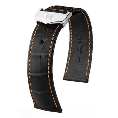 Bracelet Voyager Alligator Noir Mat / Orange- Entrecorne 22 mm - Chute 18 mm - Hirsch