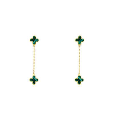 Boucles d'oreilles Trèfles Chaîne en Or Jaune 750 & Malachites - Emanessence