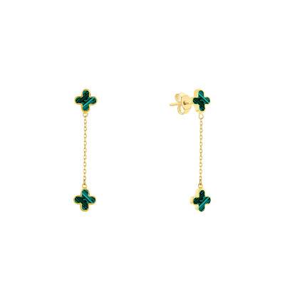 Boucles d'oreilles Trèfles Chaîne en Or Jaune 750 & Malachites - Emanessence