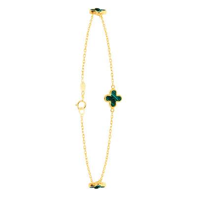 Bracelet Trèfle en Or Jaune 750 & Malachites, Longueur 19 cm, Largeur 1,65 mm - Emanessence