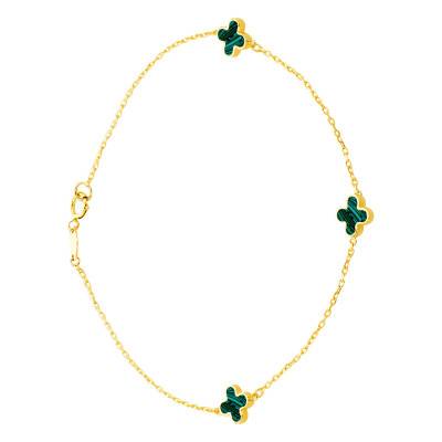 Bracelet Trèfle en Or Jaune 750 & Malachites, Longueur 19 cm, Largeur 1,65 mm - Emanessence