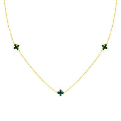 750/1000 Yellow Gold & Malachite Clover Necklace, Length 41 cm to 43 cm, Width 1.65 mm - Emanessence
