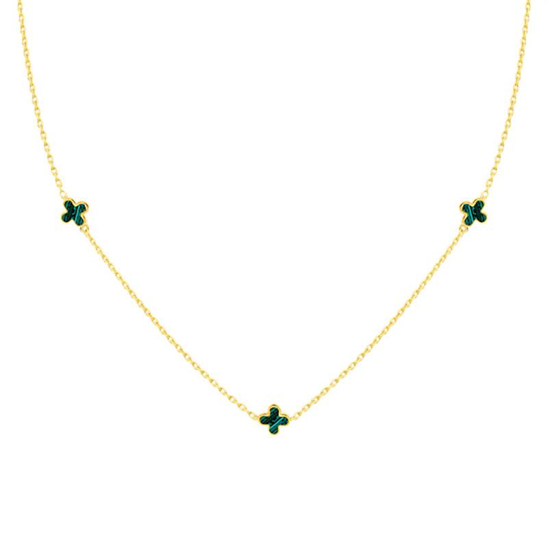 750/1000 Yellow Gold & Malachite Clover Necklace, Length 41 cm to 43 cm, Width 1.65 mm - Emanessence