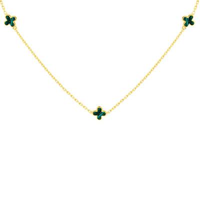 750/1000 Yellow Gold & Malachite Clover Necklace, Length 41 cm to 43 cm, Width 1.65 mm - Emanessence