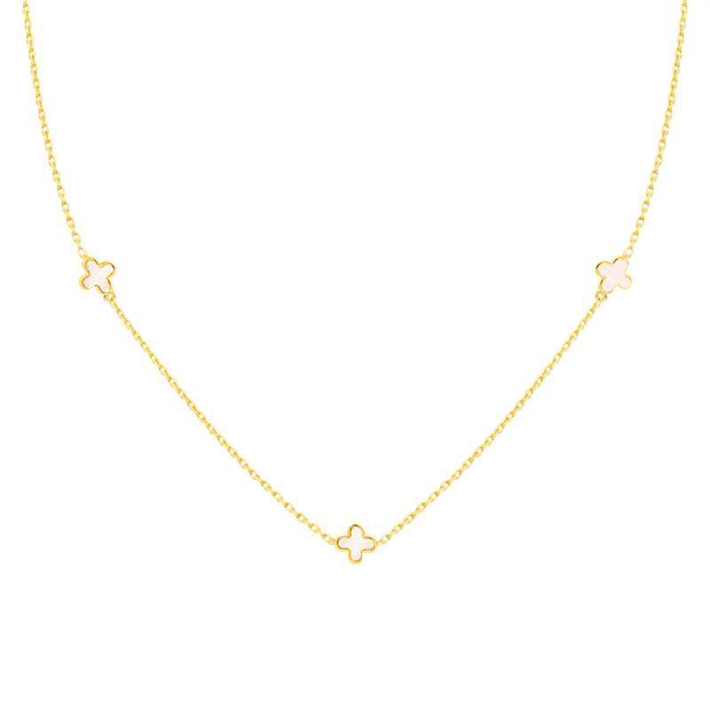 750 Yellow Gold & Mother-of-Pearl Clover Necklace, Length 41 cm to 43 cm, Width 1.65 mm - Emanessence