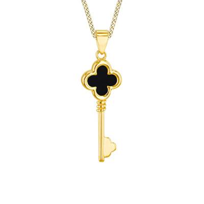 "375/1000 Yellow Gold & Onyx Clover Key Pendant" - Emanessence