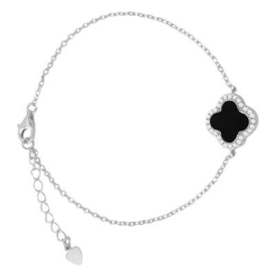 925 Silver & Black Agate and White Cubic Zirconia Clover Bracelet, Length 16 cm to 19 cm - Emanessence