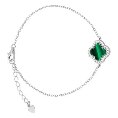 "Sterling 925 Silver, Malachite & White Cubic Zirconia Clover Bracelet, Length 16 cm to 19 cm" - Emanessence