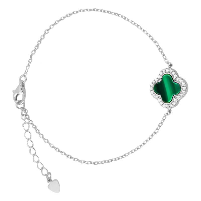 "Sterling 925 Silver, Malachite & White Cubic Zirconia Clover Bracelet, Length 16 cm to 19 cm" - Emanessence