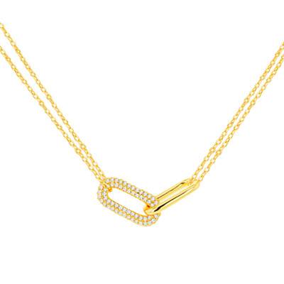 Collier Double Maillon Ovale en Argent Doré & Zircones Blanches, Longueur 41 à 46 cm - Emanessence