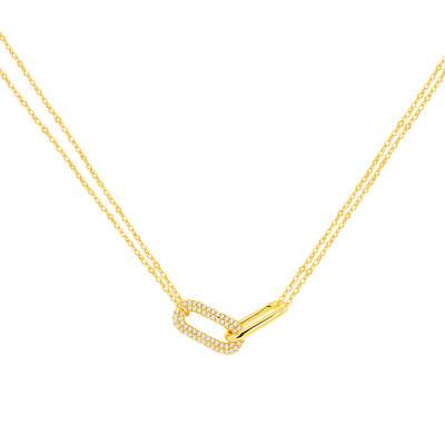 Collier Double Maillon Ovale en Argent Doré & Zircones Blanches, Longueur 41 à 46 cm - Emanessence