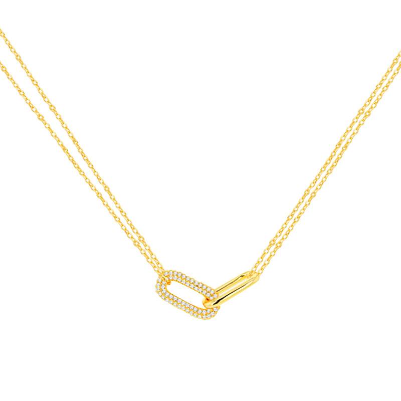 "925 Gold-Plated Silver & White Cubic Zirconia Double Oval Link Necklace, Length 41 cm to 46 cm" - Emanessence