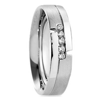 Alliance Ruban Confort Ikaria Brossé Polie en Or Blanc 750 & Diamants 0,1 ct, Largeur 5 mm - Breuning